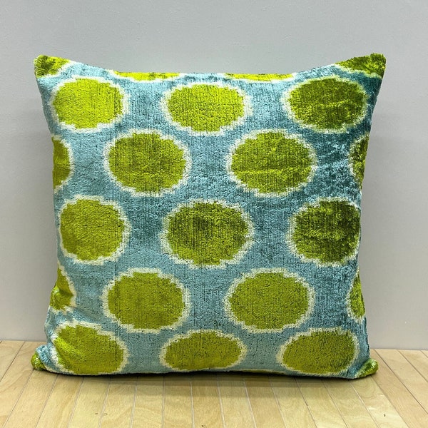 Velvet ikat Pillow Cushion Cover Green Blue 16"x16" (40x40 cm) Vintage Decor Pillowcases Cotton Velvet Silk Zippered Bohemian Pillow