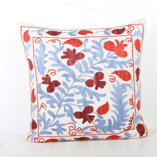 Embroidered Suzani Pillowcase Bohemian Red Blue 18"x18" (45x45cm) Eclectic Pillow Silk Zippered Cushion Cover Lumbar Home Decoration