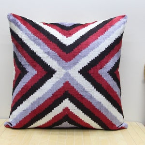 Handwoven Velvet Ikat Pillow Cover: Red, Gray, Black Bohemian Decor (20x20&quot;)