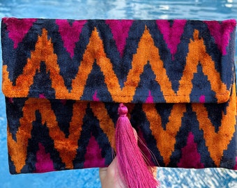 Ikat Clutch Bag, Clutch Bag, Evening Bag, Ikat Bag, Mini Bag, Ikat Handbag, Women Clutch Bag, Pink Orange Navy Blue Clutch, Handmade Gift