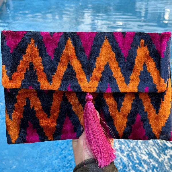 Pochette Ikat, Pochette, Borsa da sera, Borsa Ikat, Mini Borsa, Borsa Ikat, Pochette da donna, Pochette Rosa Arancione Blu Navy, Regalo fatto a mano