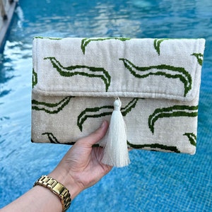 Silk Ikat Clutch Bag: Green & White Evening Handbag