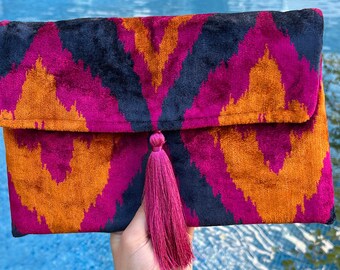 Ikat Clutch Bag, Clutch Bag, Evening Bag, Ikat Bag, Mini Bag, Ikat Handbag, Women Clutch Bag, Pink Orange Navy Blue Clutch, Handmade Gift