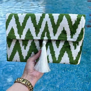 Handmade Silk Ikat Clutch Bag: Green & White Evening Bag