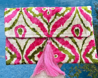 Handmade Silk Ikat Clutch Bag: Pink Green White Evening Bag