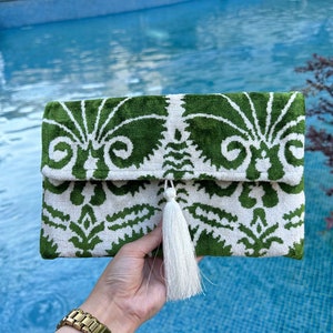 Handwoven Silk Ikat Clutch Bag: Green & White Evening Bag