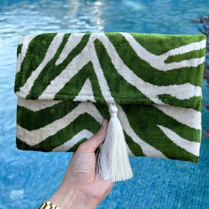 Silk Ikat Velvet Clutch Bag: Green & White Handmade Evening Bag