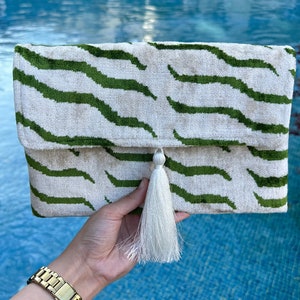 Handwoven Silk Ikat Clutch Bag: Green & White Evening Bag