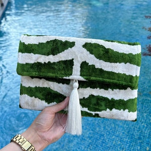 Handmade Silk Velvet Ikat Clutch Bag: Green & White Evening Bag