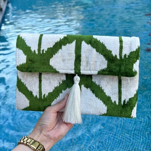 Handwoven Silk Ikat Clutch Bag: Green & White Evening Bag