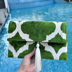 Handmade Silk Velvet Ikat Clutch Bag: Green & White Evening Bag