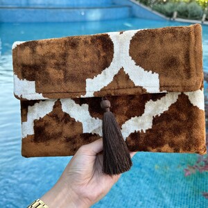 Handwoven Silk Ikat Clutch Bag: Brown & White Evening Bag