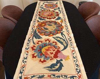 Embroidered Suzani Table Runner: Bohemian Silk Decor (63"x18")