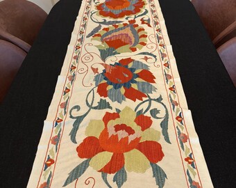 Embroidered Suzani Table Runner: Bohemian Silk Decor (63"x18")