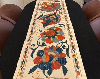 Embroidered Suzani Table Runner: Bohemian Silk Decor (63"x18")
