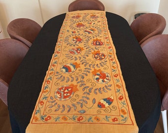 Embroidered Silk Suzani Table Runner: Bohemian Home Decor (63"x18")