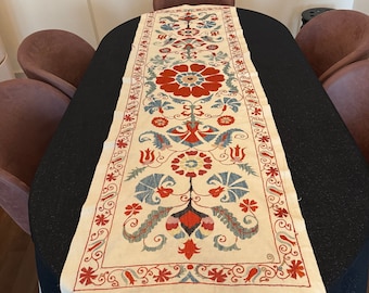Embroidered Suzani Table Runner: Bohemian Silk Decor (63"x18")