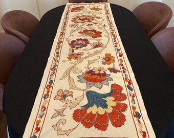 Embroidered Silk Suzani Table Runner: Bohemian Home Decor (63