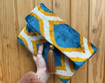 Ikat Clutch Bag, Clutch Bag, Evening Bag, Ikat Bag, Mini Bag, Ikat Handbag, Women Clutch Bag, Blue Yellow White Clutch, Handmade Gift