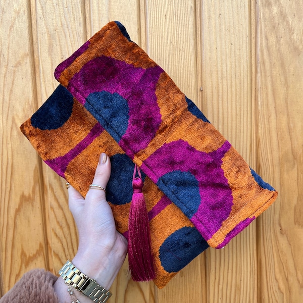 Bolso clutch Ikat, bolso clutch, bolso de noche, bolso Ikat, mini bolso, bolso Ikat, bolso clutch de mujer, clutch azul naranja púrpura, regalo hecho a mano