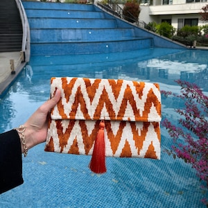 Ikat Clutch Bag, Clutch Bag, Evening Bag, Ikat Bag, Mini Bag, Ikat Handbag, Women Clutch Bag, Orange White Clutch, Handmade Gift
