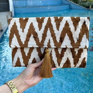 Handwoven Silk Ikat Clutch Bag: Brown & White Evening Bag
