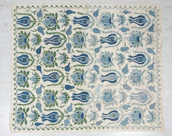 Embroidered Suzani Cover Bohemian Decor Blue Green 6.5''x7.5" (200x230cm) Eclectic Silk Suzani Cover  Lumbar Home Decoration