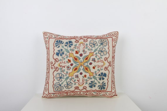 刺繍入りスザニ枕カバー：ボヘミアンシルククッションカバー（18x18
