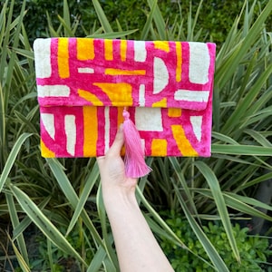 Ikat Clutch Bag, Clutch Bag, Evening Bag, Ikat Bag, Mini Bag, Ikat Handbag, Women Clutch Bag, Pink Yellow White Clutch, Handmade Gift