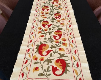 Embroidered Suzani Table Runner: Bohemian Silk Decor (72"x18")