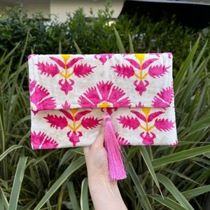 Ikat Clutch Bag, Clutch Bag, Evening Bag, Ikat Bag, Mini Bag, Ikat Handbag, Women Clutch Bag, Pink Yellow White Clutch, Handmade Gift
