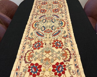 Embroidered Suzani Table Runner: Bohemian Silk Decor (72"x18")