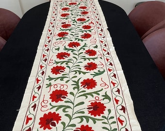 Embroidered Suzani Table Runner: Bohemian Silk Floral Decor (72"x18")