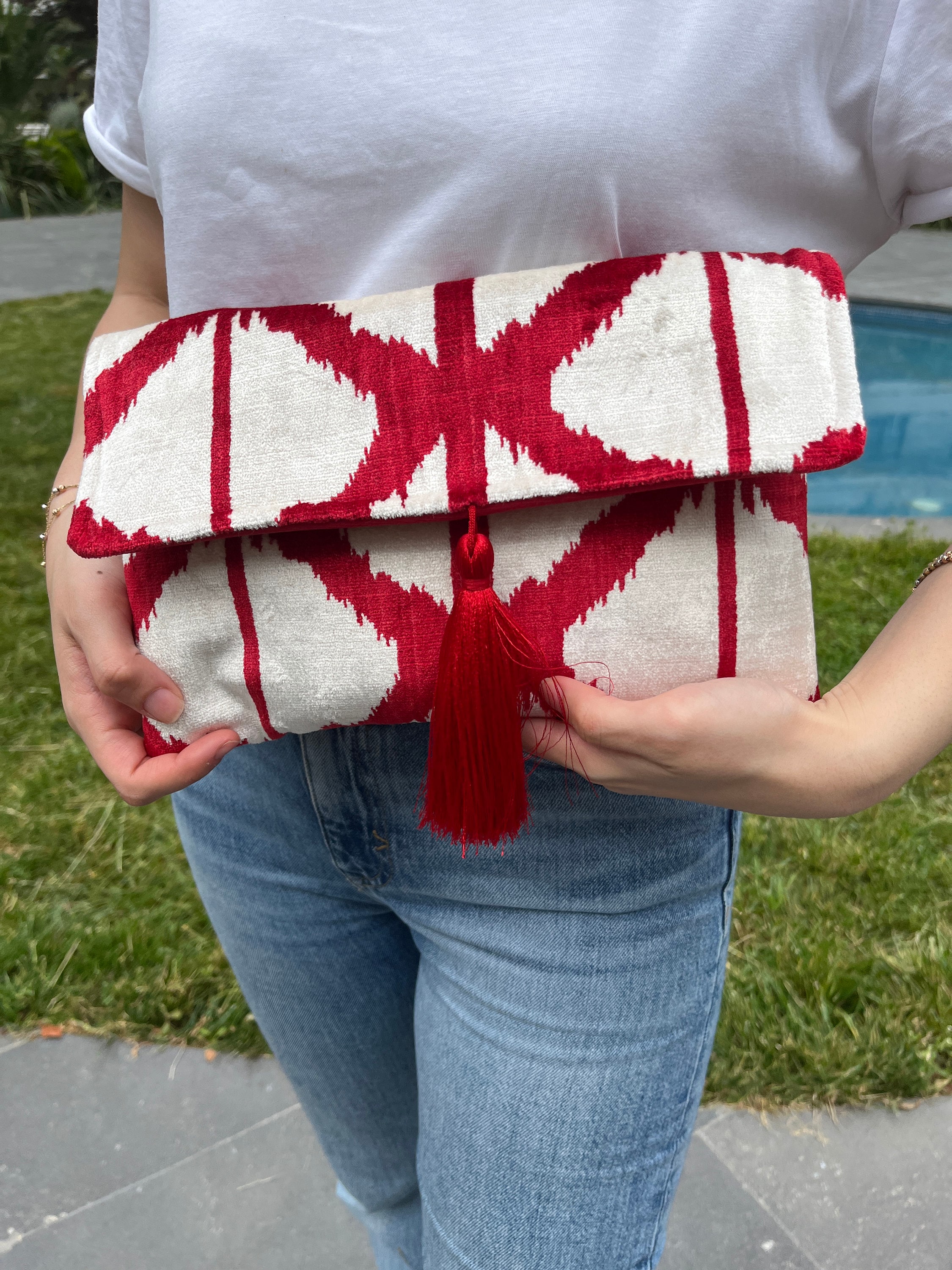 Handwoven Silk Ikat Clutch Bag: Uzbek Velvet Evening Bag