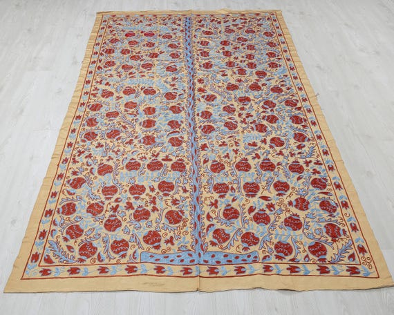 Embroidered Silk Suzani Cover (6.7"x4.5") - Bohemian Red & Blue Home Decor