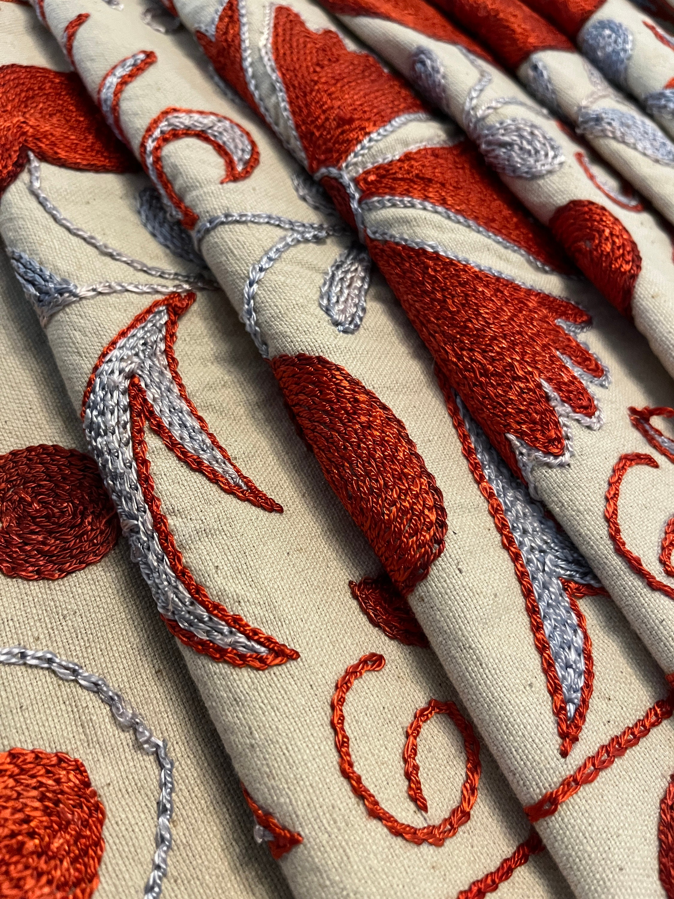 Embroidered Silk Suzani Table Runner: Bohemian Red & Blue Decor