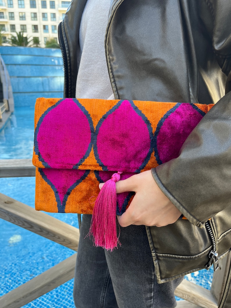 Handmade Silk Ikat Clutch Bag: Pink, Orange & Navy Evening Bag - Etsy