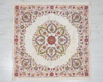 Embroidered Suzani Pillow Cover: Bohemian Silk Lumbar Cushion (147x145cm)