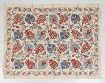Embroidered Suzani Cover Bohemian Decor Red Blue Yellow 5''x6.2" (155x190cm) Eclectic Silk Suzani Cover  Lumbar Home Decoration