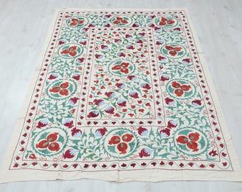 Embroidered Silk Suzani Cover, Bohemian Decor, Red Blue Green (210x140cm)