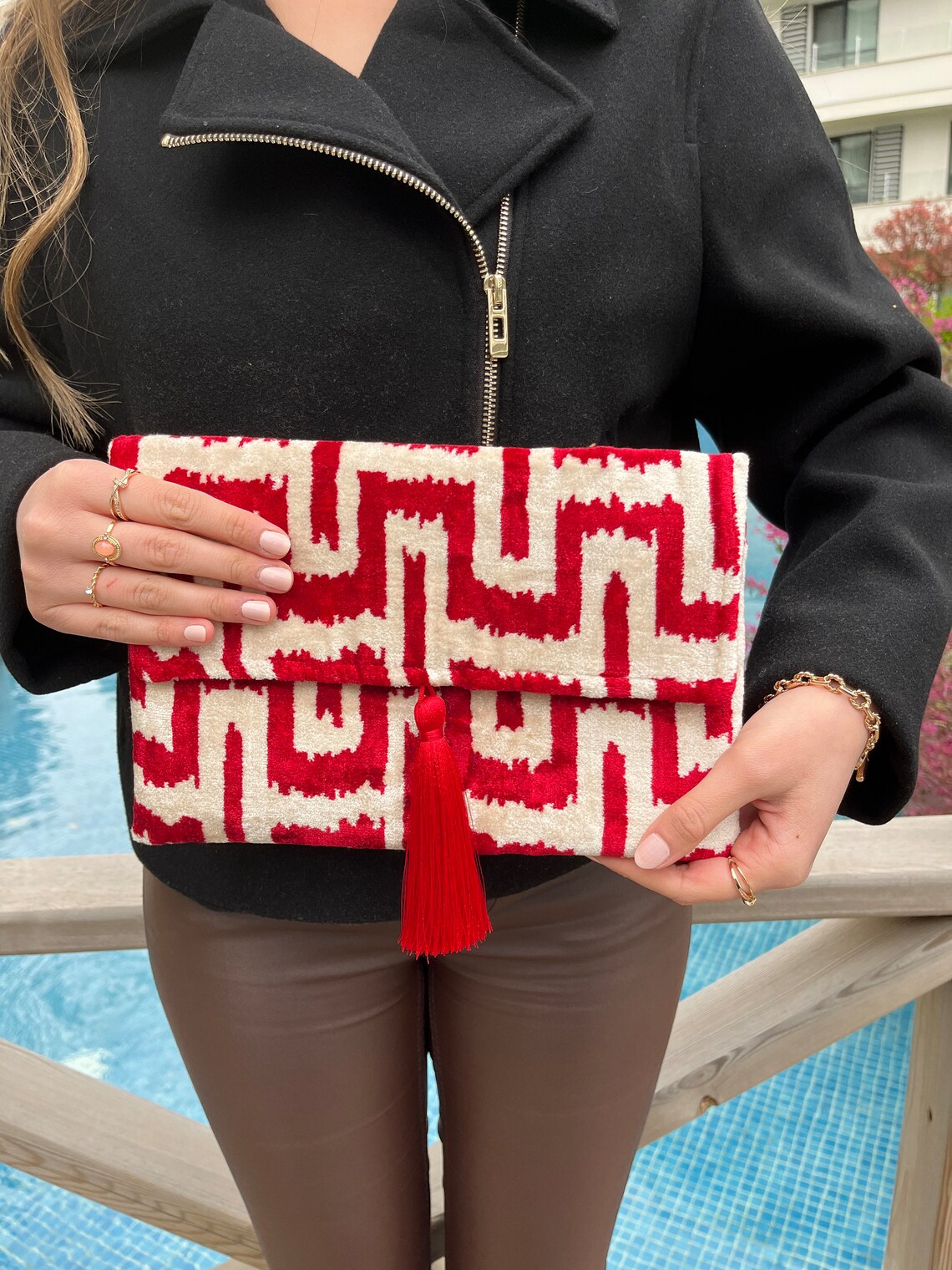 Handwoven Ikat Silk Velvet Clutch Bag: Red & White Evening Bag - Etsy