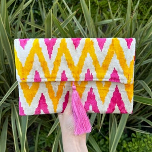 Ikat Clutch Bag, Clutch Bag, Evening Bag, Ikat Bag, Mini Bag, Ikat Handbag, Women Clutch Bag, Pink Yellow White Clutch, Handmade Gift