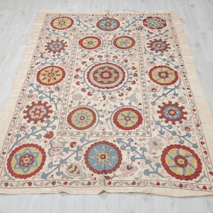Embroidered Silk Suzani Cover: Bohemian Decor, 6.5&quot;x5&#39; Uzbek Home Decoration
