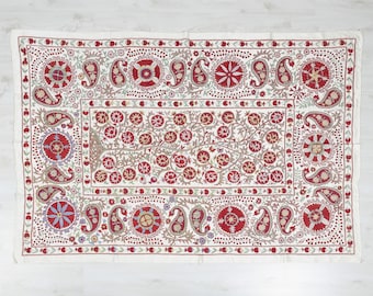 Embroidered Suzani Cover Bohemian Decor Red Blue Green 4.6''x6.7" (142x206cm) Eclectic Silk Suzani Cover  Lumbar Home Decoration
