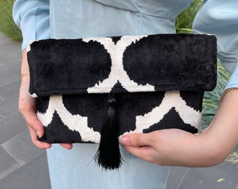 Ikat Velvet Clutch Bag: Black & White Silk Handbag