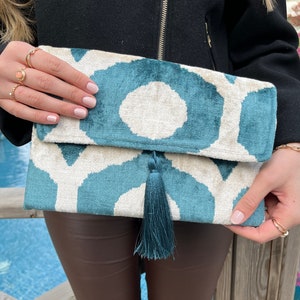 Ikat Clutch Bag, Clutch Bag, Evening Bag, Ikat Bag, Mini Bag, Ikat Handbag, Women Clutch Bag, Aqua Blue White Clutch, Handmade Gift