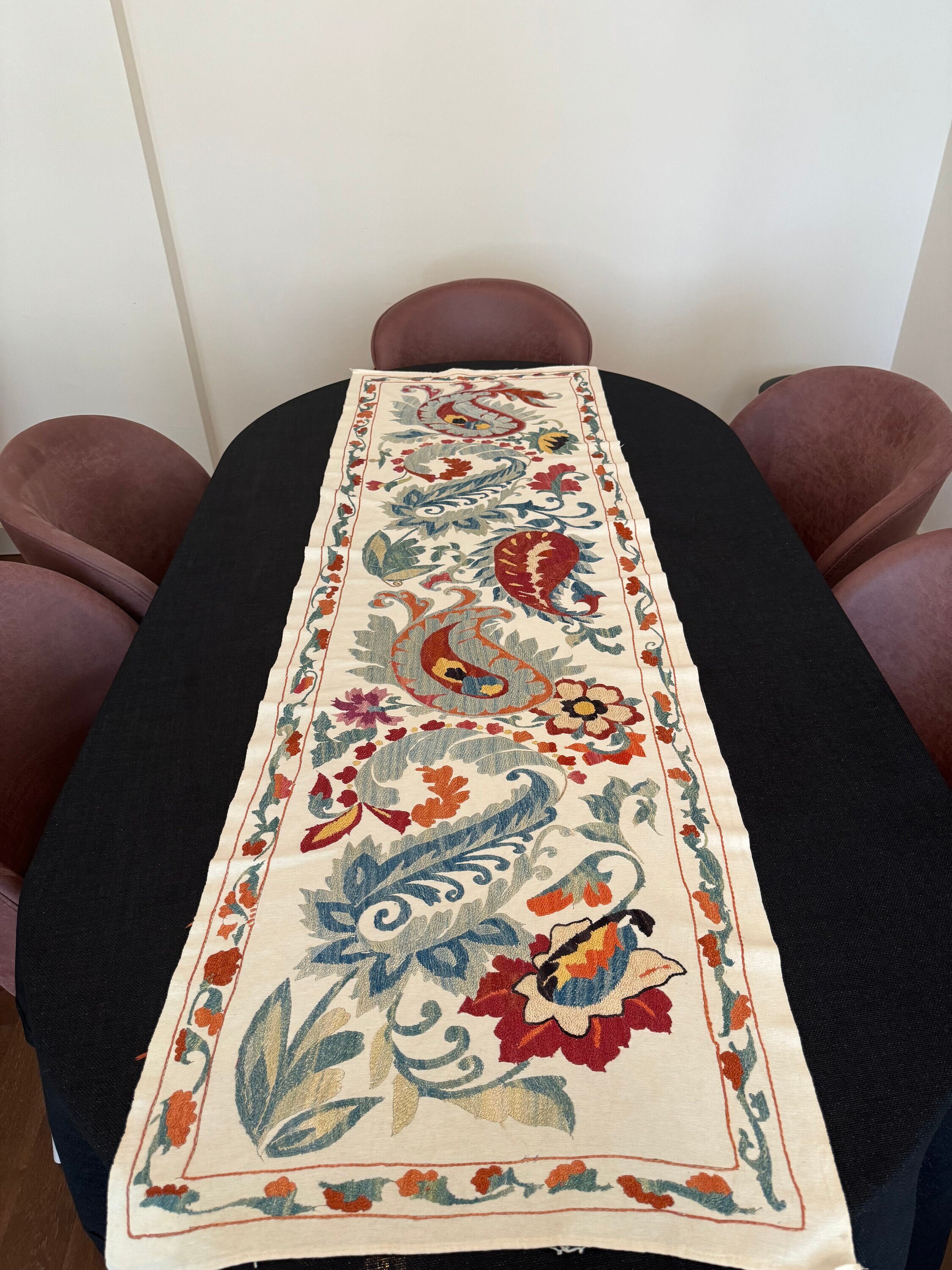 Embroidered Silk Suzani Table Runner: Bohemian Home Decor (63