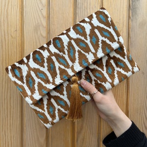 Handmade Silk Ikat Clutch Bag: Brown & Blue Evening Bag