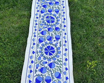 Embroidered Suzani Table Runner Bohemian Decor Blue Red 72x18 185x45cm Eclectic Silk Suzani Runner  Lumbar Home Decoration