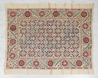 Embroidered Suzani Cover Bohemian Decor Red Blue Yellow 5.1''x6.1" (157x187cm) Eclectic Silk Suzani Cover  Lumbar Home Decoration